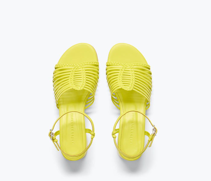 Fredan Salvador Judy block-heeled sandal with neon calf top straps and open toe design, showcasing stylish footwear.