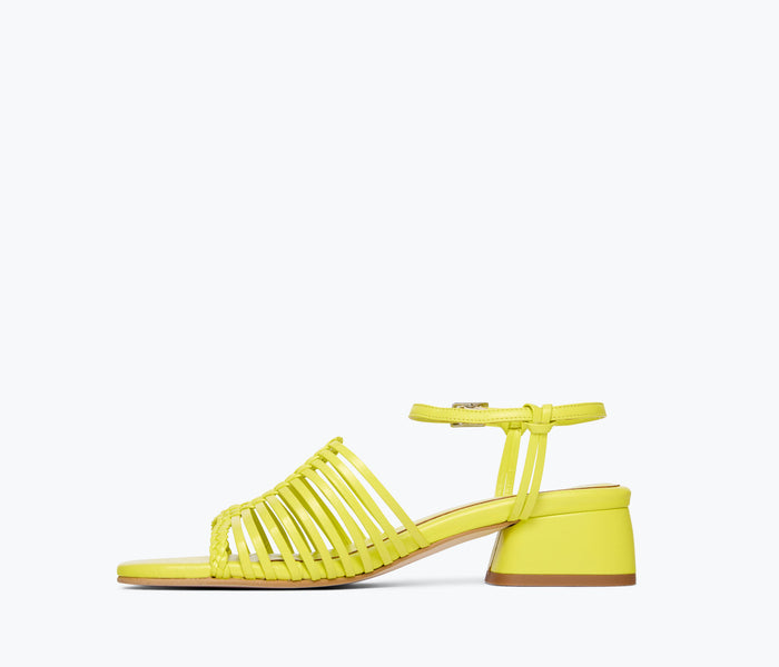 Freda Salvador Judy block-heeled sandal with neon calf leather strap, showing the inside view of the heel and ankle strap.