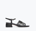 Black Judy woven block heel sandal by Freda Salvador, front view showing woven strap detail and sturdy heel.
