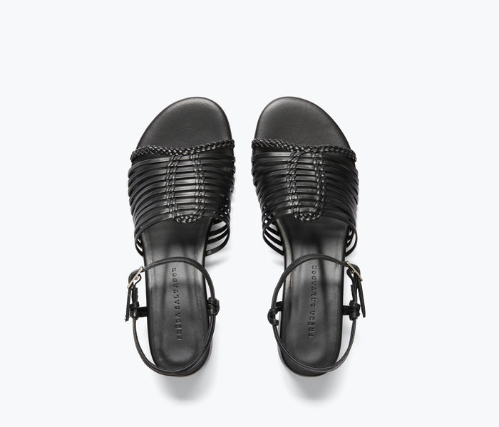 Black Judy woven block heel sandal by Freda Salvador featuring calf leather straps and a stylish heel design.