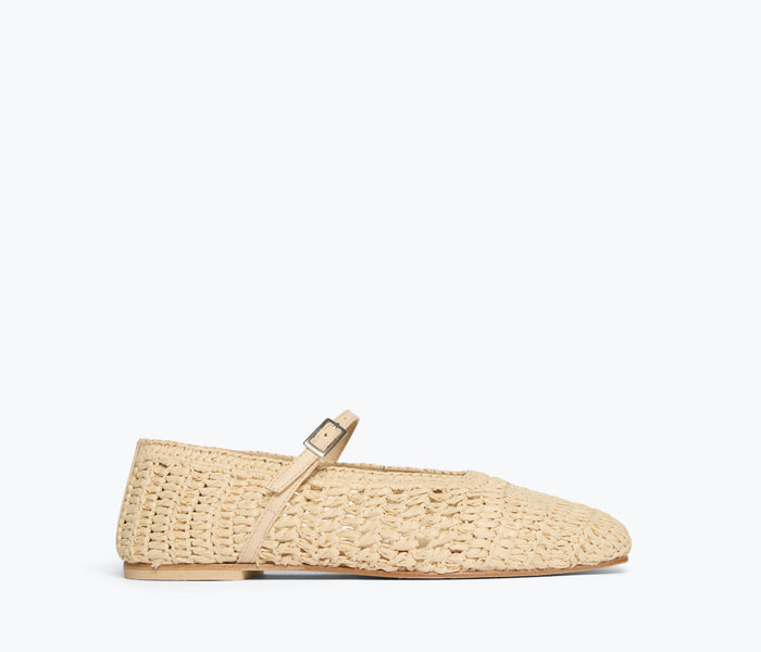 Freda Salvador Jules Mary Jane flat in natural raffia, showcasing its woven texture and classic slip-on style from the front view.