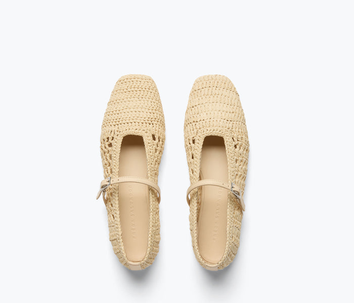 Freda Salvador Jules Mary Jane flat with natural raffia top and black sole, featuring a classic Mary Jane strap design.