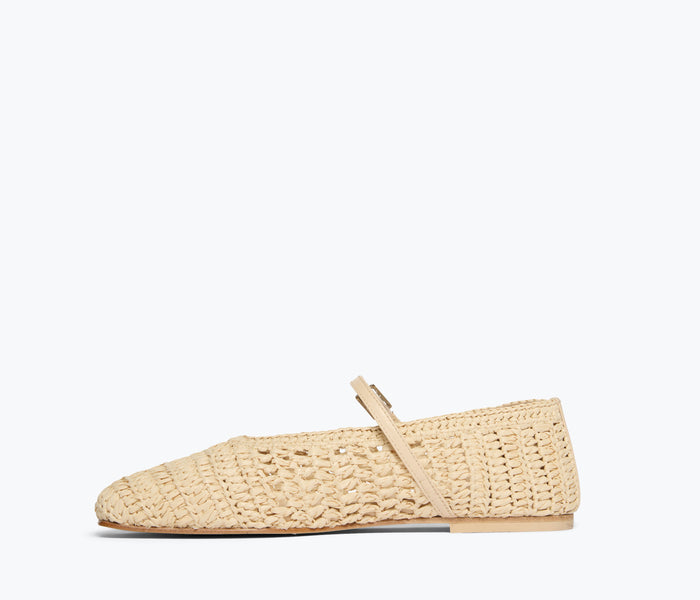 Freda Salvador Jules Mary Jane flat with natural raffia upper and inside view showing comfortable, stylish women's flat footwear.