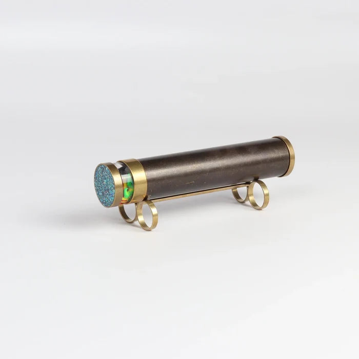Other side of Medium kaeidoscope in brass with stand. Made in Israel.