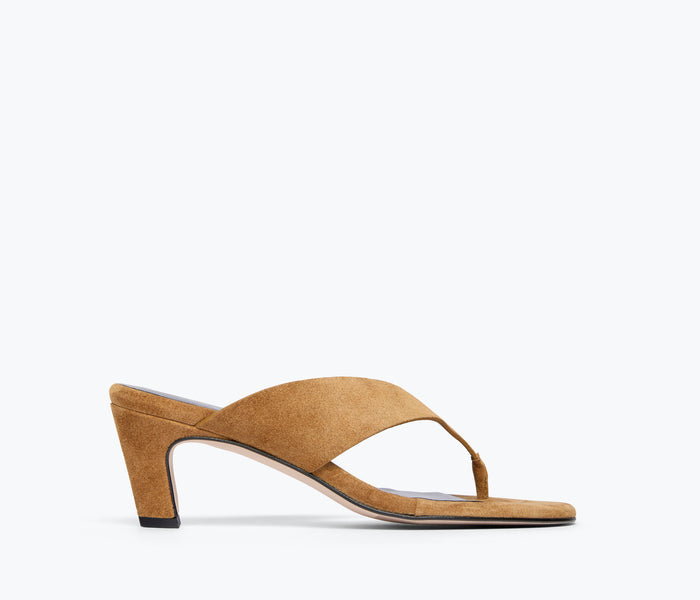 Fredsa Salvador Kat chestnut suede heeled leather thong sandal showing front view with sleek design and strap details.