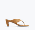 Fredsa Salvador Kat chestnut suede heeled leather thong sandal showing front view with sleek design and strap details.