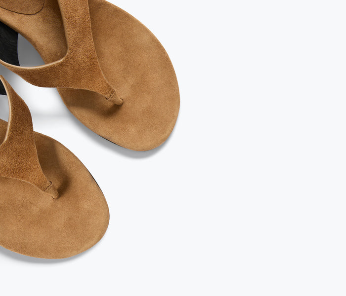Fredaa Salvador Kat chestnut suede leather heeled thong sandal with detailed close-up view