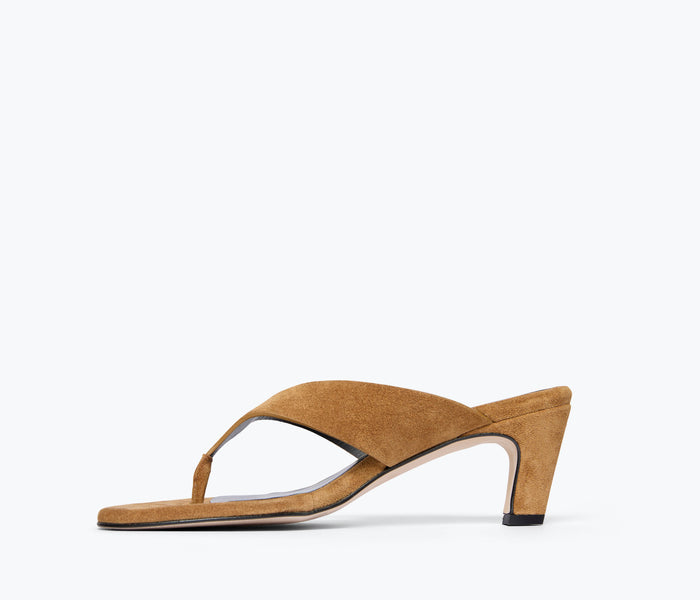 Fredan Salvador Kat heeled leather thong sandal in chestnut suede, showing the inside view with sleek design and comfortable fit.