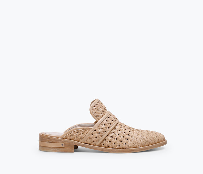 FRĒDA SALVADOR KEEN MULE in tan leather, slip-on mule shoe with a rounded toe and casual style, viewed from the front.