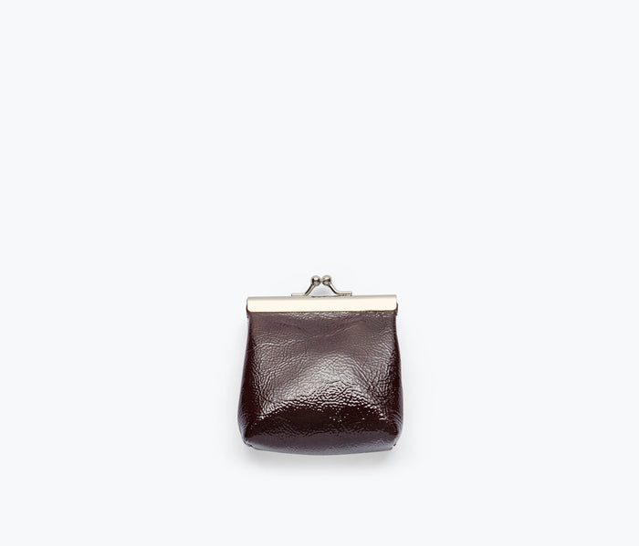 Fred Salvador KENZO mini purse necklace in wine crinkle patent leather, showcasing a stylish bag and SLG accessory.