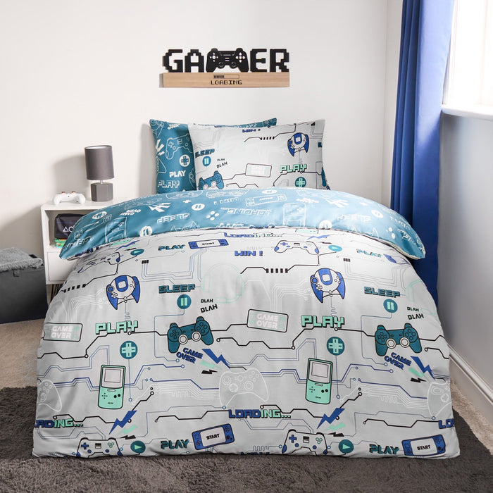 Kids Gaming Console Print Reversible Duvet Cover Set - Grey/Blue (Single)