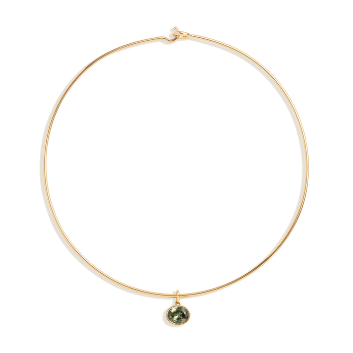 Lab Grown Green Sapphire Oval Pendant Collar Necklace Stainless Steel Yellow Gold 15in First