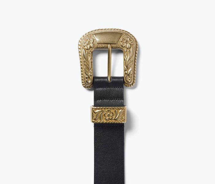 Black leather Laia belt by FREDA SALVADOR with detailed stitching and sleek buckle design.