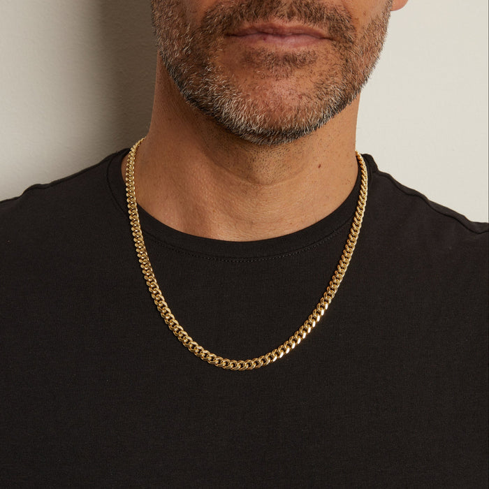 Model. Man with black shit wearing gold chain necklace