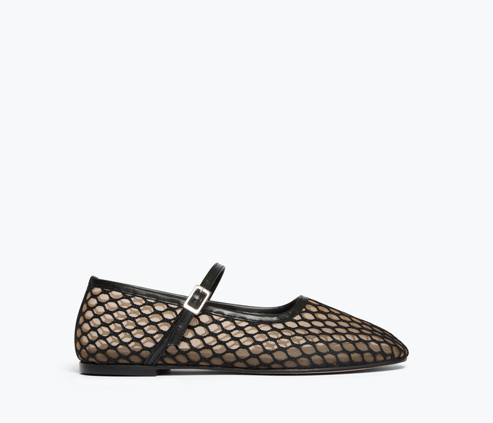 Black Laurel Fishnet Mary Jane flat shoes by Freda Salvador, featuring a netted upper and classic Mary Jane strap style.