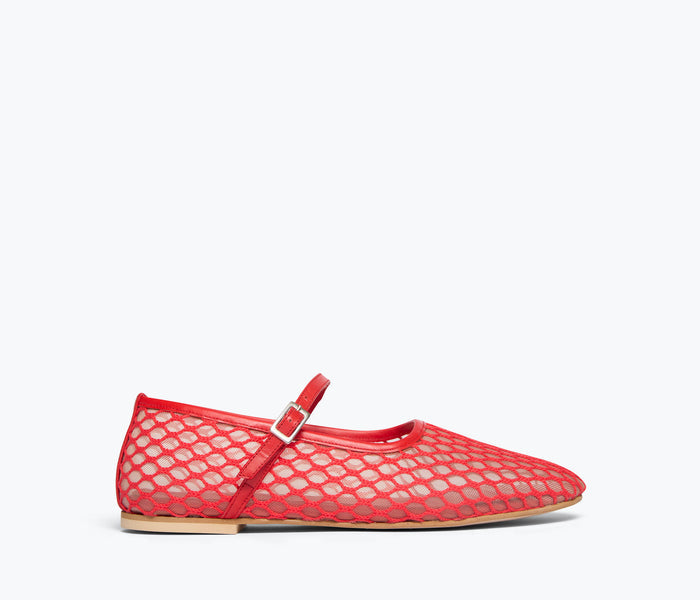Red Laurel Fishnet Mary Jane flat shoes by Freda Salvador with crisscross straps and netted design, front view.