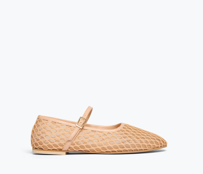 Freda Salvador Laurel Fishnet Mary Jane flat shoes in natural netting with front view, showcasing stylish and breathable design.