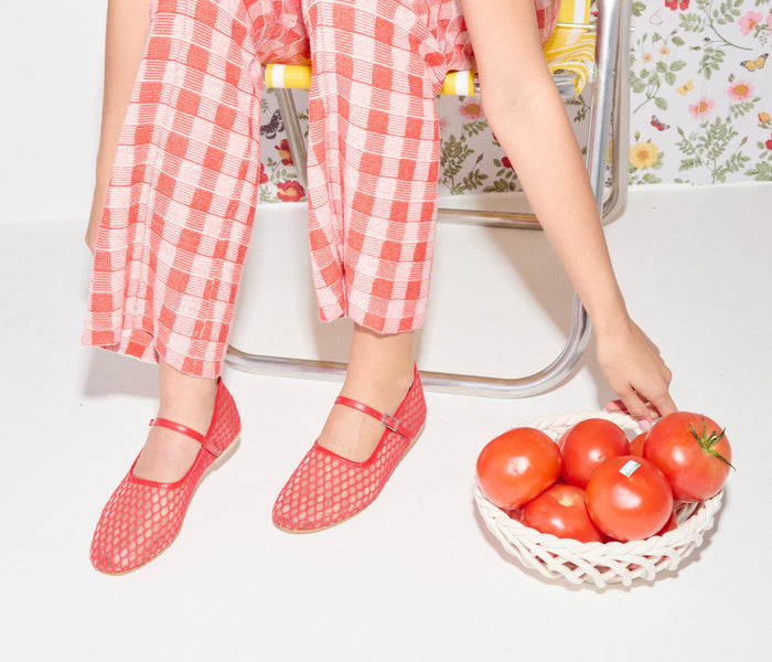 Red Laurel Fishnet Mary Jane flat shoes by FREDA SALVADOR with netted straps and classic design.