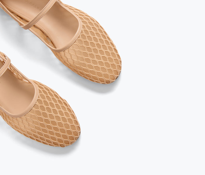 Freda Salvador Laurel Fishnet Mary Jane flat shoe with natural fishnet netting detail and classic strap design.