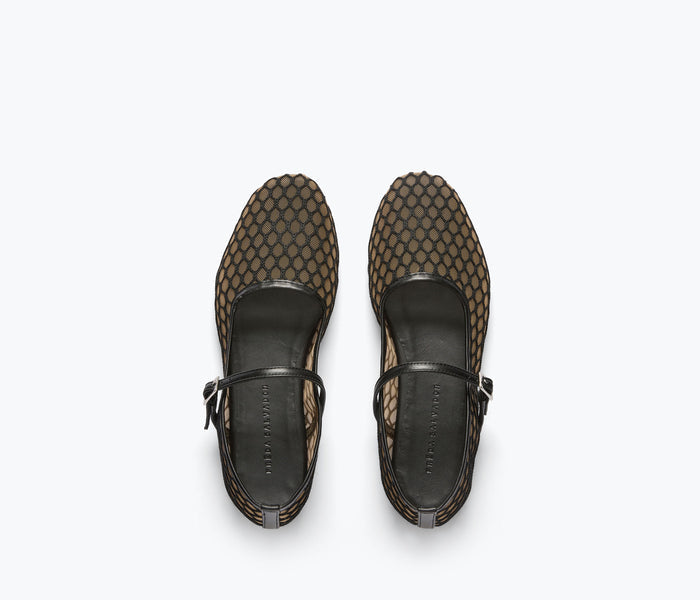 Black Laurel Fishnet Mary Jane flat shoes by FREDA SALVADOR with netting details and classic strap design.