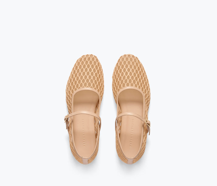 Natural netting Laurel Fishnet Mary Jane flat shoes by FREDA SALVADOR with beige-colored fishnet upper and classic flat sole.