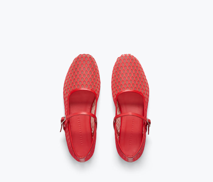Red Laurel Fishnet Mary Jane flat shoes by Freda Salvador featuring crisscross netting design and classic Mary Jane style.