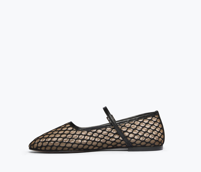 Black Laurel Fishnet Mary Jane flat shoes by Freda Salvador with netting details and classic Mary Jane strap.