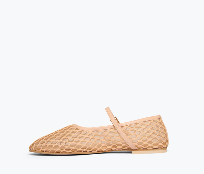 Freda Salvador Laurel Fishnet Mary Jane flats with natural netting interior, featuring classic flat shoe style and ankle strap.