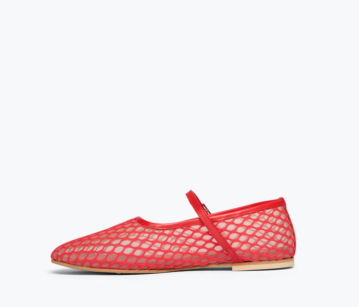 Red floral embroidered Laurel Fishnet Mary Jane flat shoes by Freda Salvador, shown with intricate netting detail on inside.