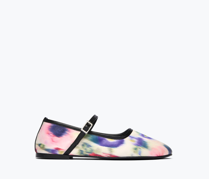 Freda Salvador Laurel Mary Jane flat with watercolor satin finish, featuring a rounded toe and sleek design.