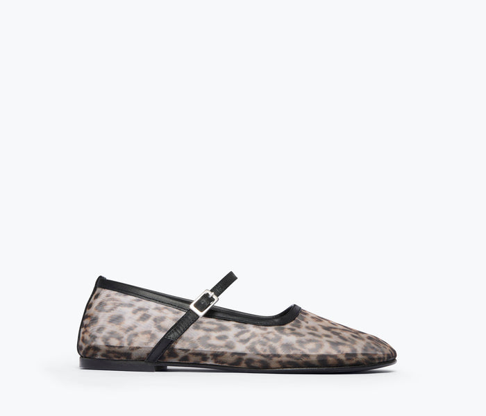 Freda Salvador Laurel Mary Jane flat with leopard mesh upper and rounded toe on a neutral background.