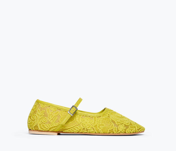 Freda Salvador Laurel Mary Jane flat in lime jacquard mesh, featuring a sleek front view with elegant design and breathable fabric.