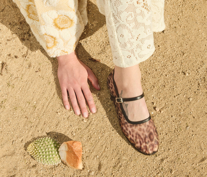 Freda Salvador Laurel Mary Jane flats with leopard-print mesh upper and flat sole, stylish and comfortable women's footwear.
