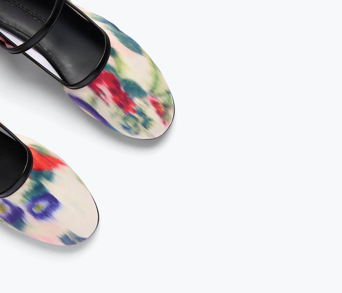 Fredas Salvador Laurel Mary Jane flat with watercolor satin finish, featuring a sleek design and elegant details.