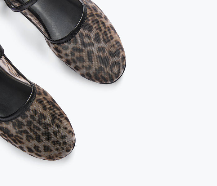 Freda Salvador Laurel Mary Jane flat with leopard mesh detail, featuring a classic slip-on design and animal print fabric accents.