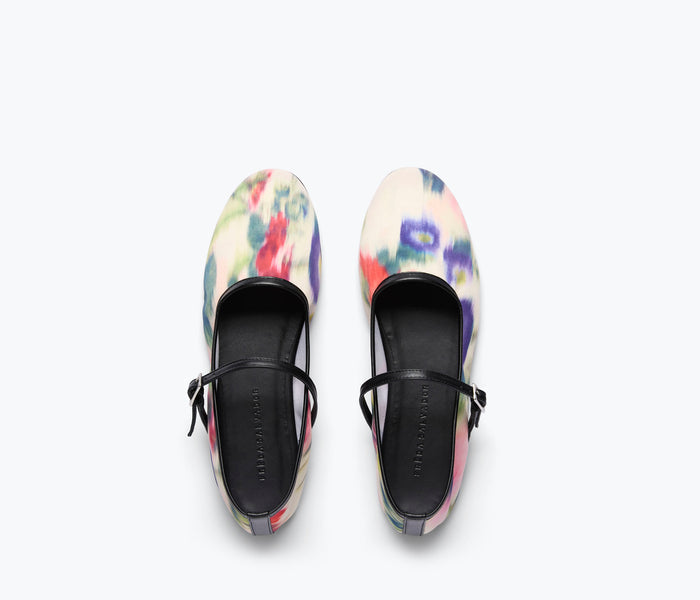 Freda Salvador Laurel Mary Jane flat shoe in watercolor satin top, featuring a classic design with a sleek, elegant appearance.