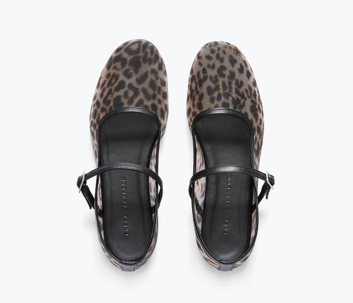 Freda Salvador Laurel Mary Jane flat shoes with leopard print mesh upper and classic design, stylish and comfortable footwear.
