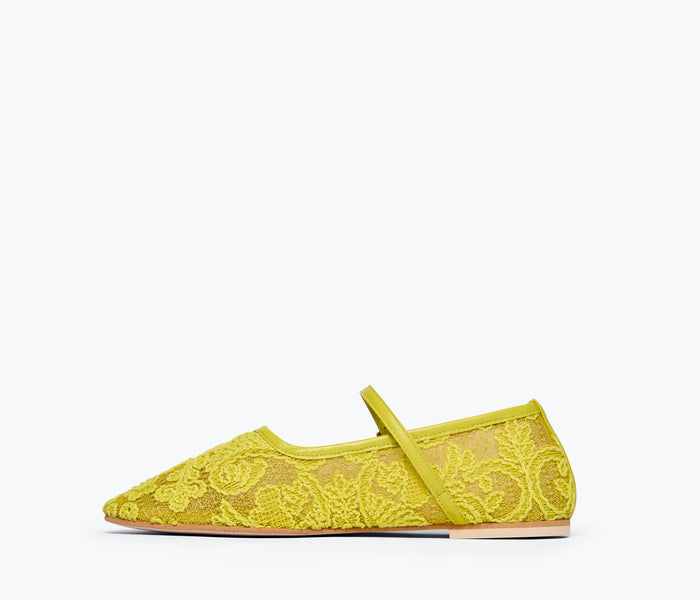 Freda Salvador Laurel Mary Jane flat shoe in lime jacquard mesh with inside view showing detailed textile pattern.