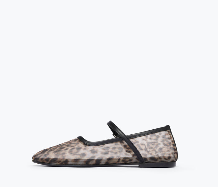 Fredas Salvador Laurel Mary Jane flat with leopard mesh fabric, showcasing a stylish and comfortable slip-on shoe design.