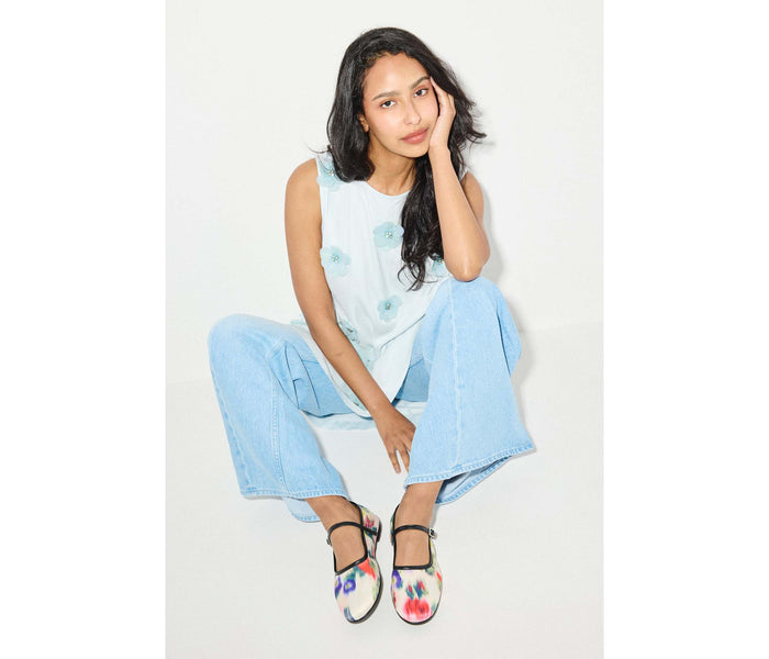 Freda Salvador Laurel Mary Jane flat shoe in watercolor satin with rounded toe and ankle strap, stylish and elegant footwear.