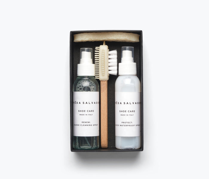 Freda Salvador leather care kit for suede accessories, including brushes and cleaning supplies for maintaining footwear.