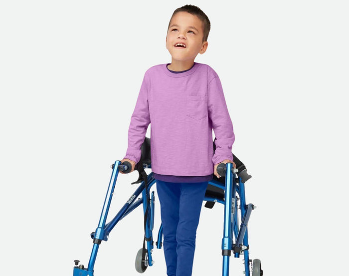 Boy standing with walker wearing Primary - Leggings 3 Pack - Cobalt - Available at www.tenlittle.com