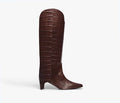 Freda Salvador Lennox tall boot with wood-embossed crocodile pattern, front view showing sleek leather design and elegant stitching.