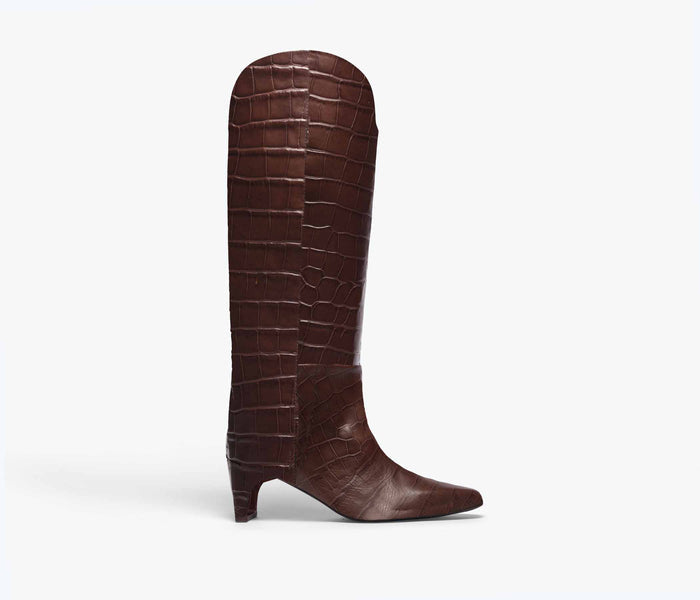 Freda Salvador Lennox tall boot with wood-embossed crocodile pattern, front view showing sleek leather design and elegant stitching.