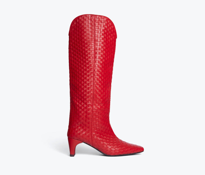 Freda Salvador Lennox woven tall boot in vibrant red leather with a sleek silhouette and woven detailing at the front.