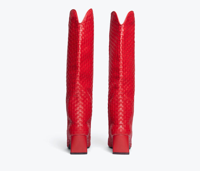 Red Lennox Woven Tall Boot by Freda Salvador featuring a stylish woven design and high heel for a fashionable look.