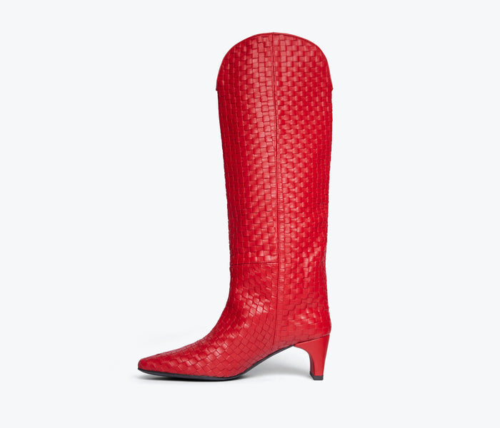 Red Lennox Woven Tall Boot by Freda Salvador showing woven leather design and inside view.