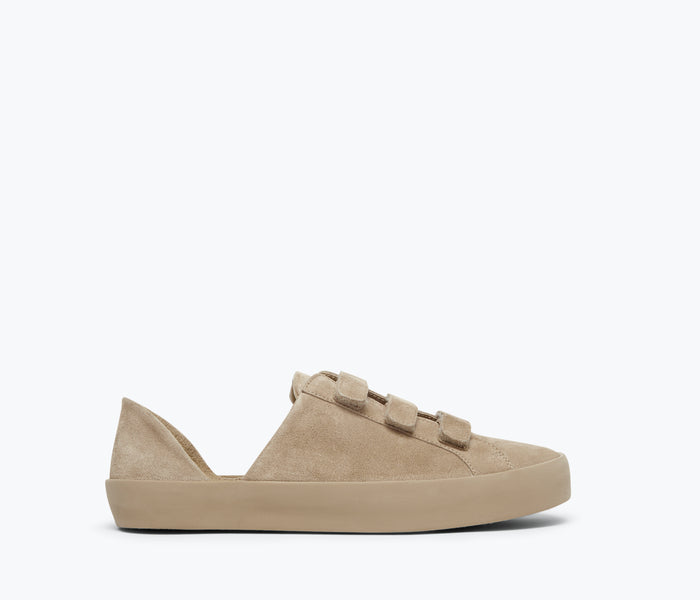 FREDA SALVADOR Libby D'Orsay sneaker with suede material, front view showing stylish design and neutral color.