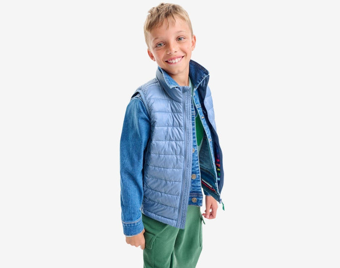 Child wearing Primary - Lightweight Puffer Vest - Dusk - Available at www.tenlittle.com