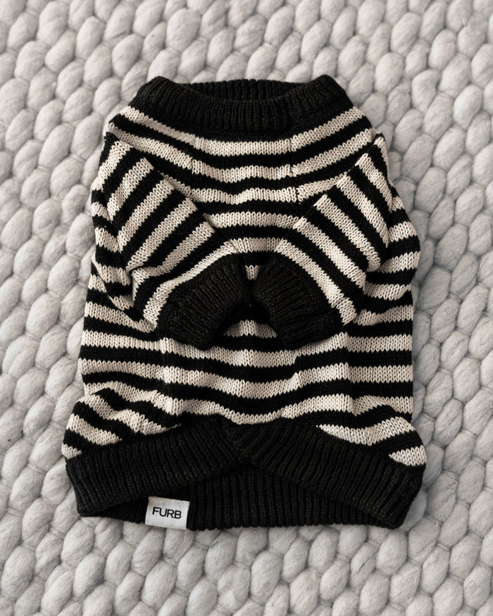 Like A Bandit Black Striped Sweater Product Image Detail. pug puppy sweater